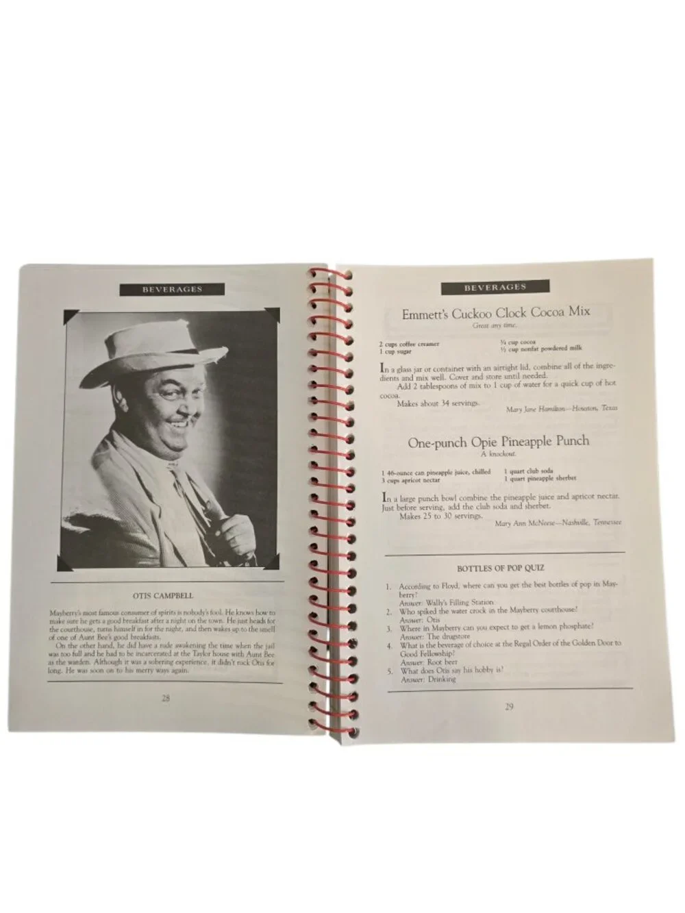 Aunt Bee's Mayberry Cookbook Andy Griffith Show Spiral Bound Southern Recipes